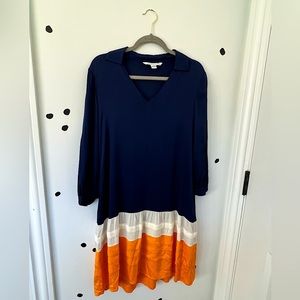Diane von Furstenburg silk dress navy blue with a orange and cream ruffle bottom